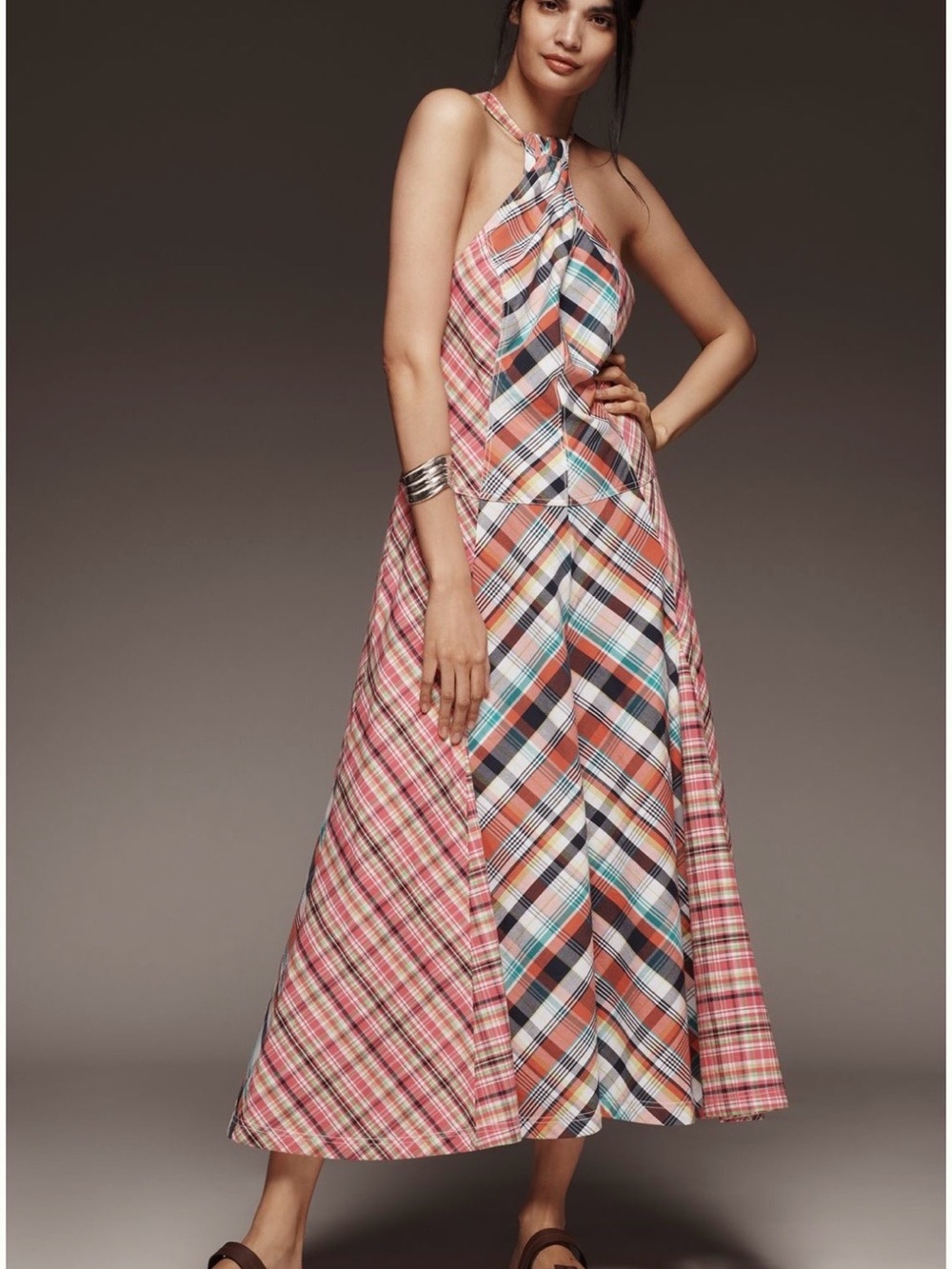 Anthropologie Pilcro Coral Pink Plaid Twist-Halter Asymmetrical Dress - Picture 2 of 6